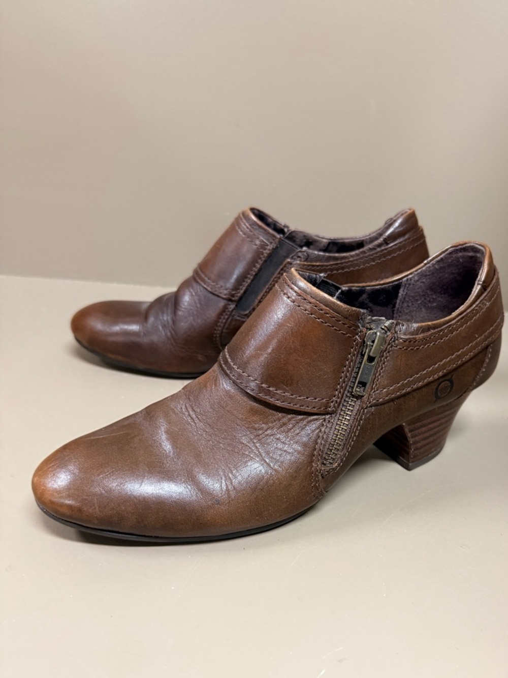 Born Brown Zip-Heel Ankle Shooties Booties, Burnished Leather, Western Boho Vibe